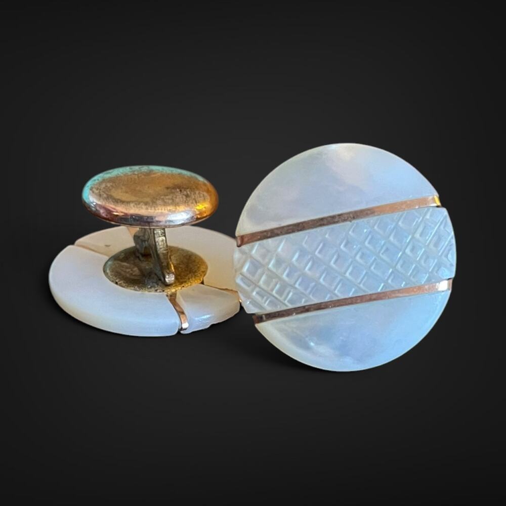 Vintage Art Deco Mother of Pearl Cufflinks Carved Geometric Gold Tone Round